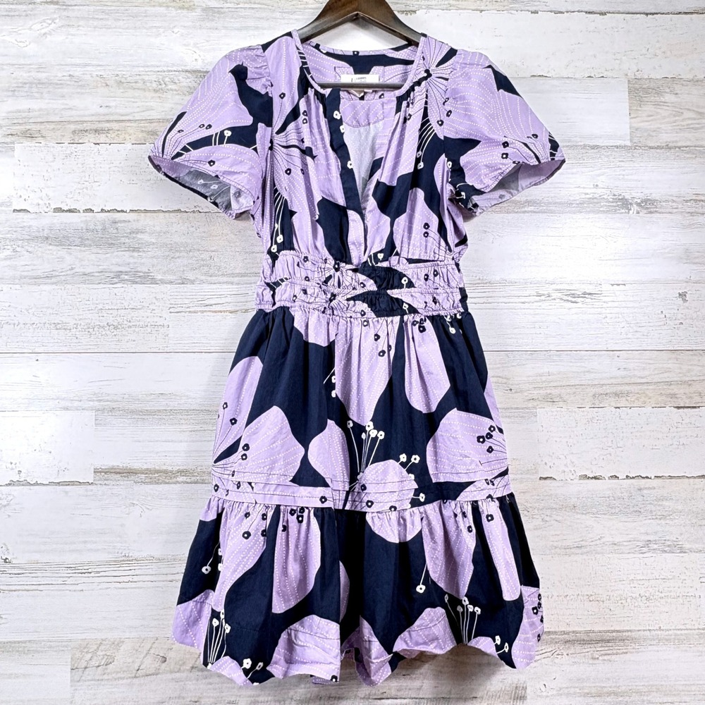 Anthropologie Mini Dress Womens Small Purple Floral Smocked Waist Ruffle Tiered